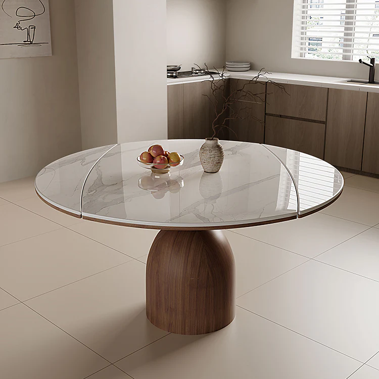 Modern Round Extendable Dining Table, Minimalist Walnut Wood Table