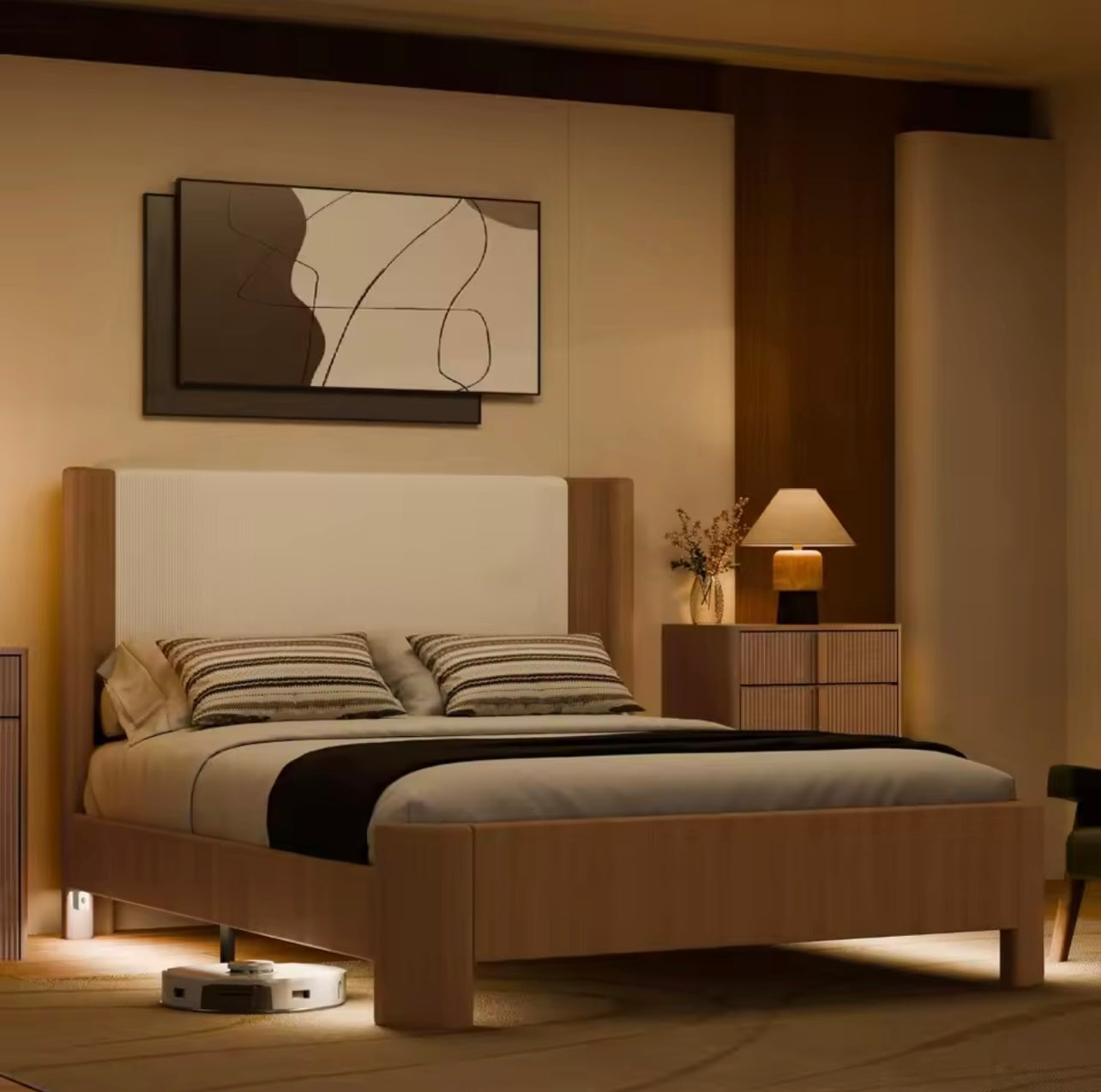 Natural Oak Queen Size Upholstered Bed Integrated LED Lighting