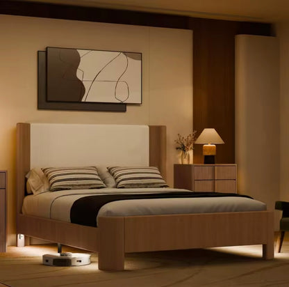 Natural Oak Queen Size Upholstered Bed Integrated LED Lighting