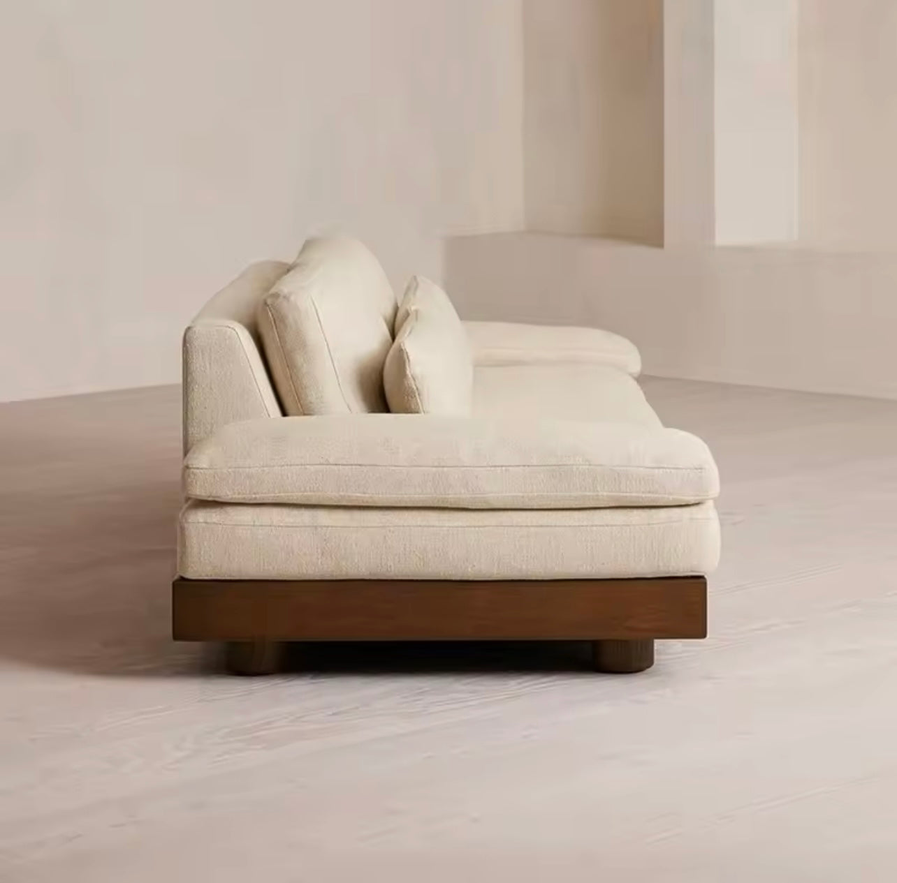 Beige Cotton and Linen French Minimalist Sofa with Walnut Base