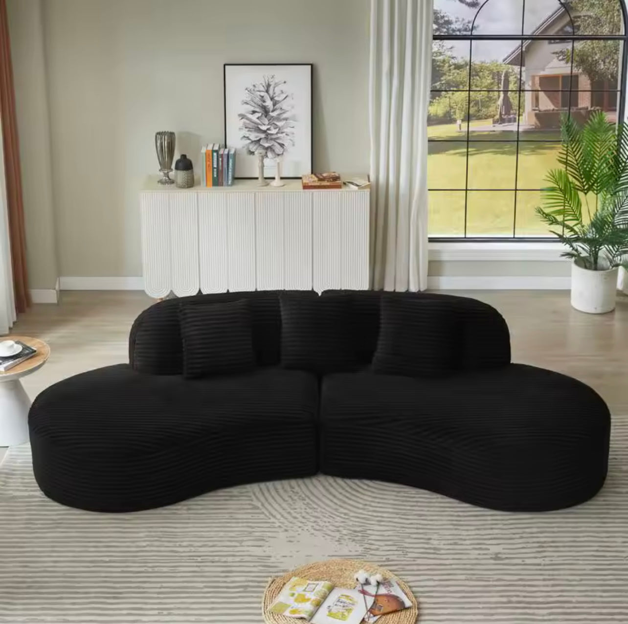 4 Seater Contemporary Curved Upholstered Corduroy Sectional Sofa