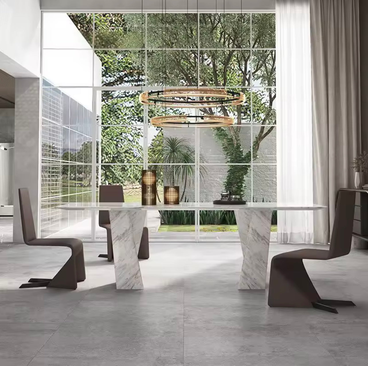 Italian Bulgari White Natural Marble Dining Table with Y-Shaped Base