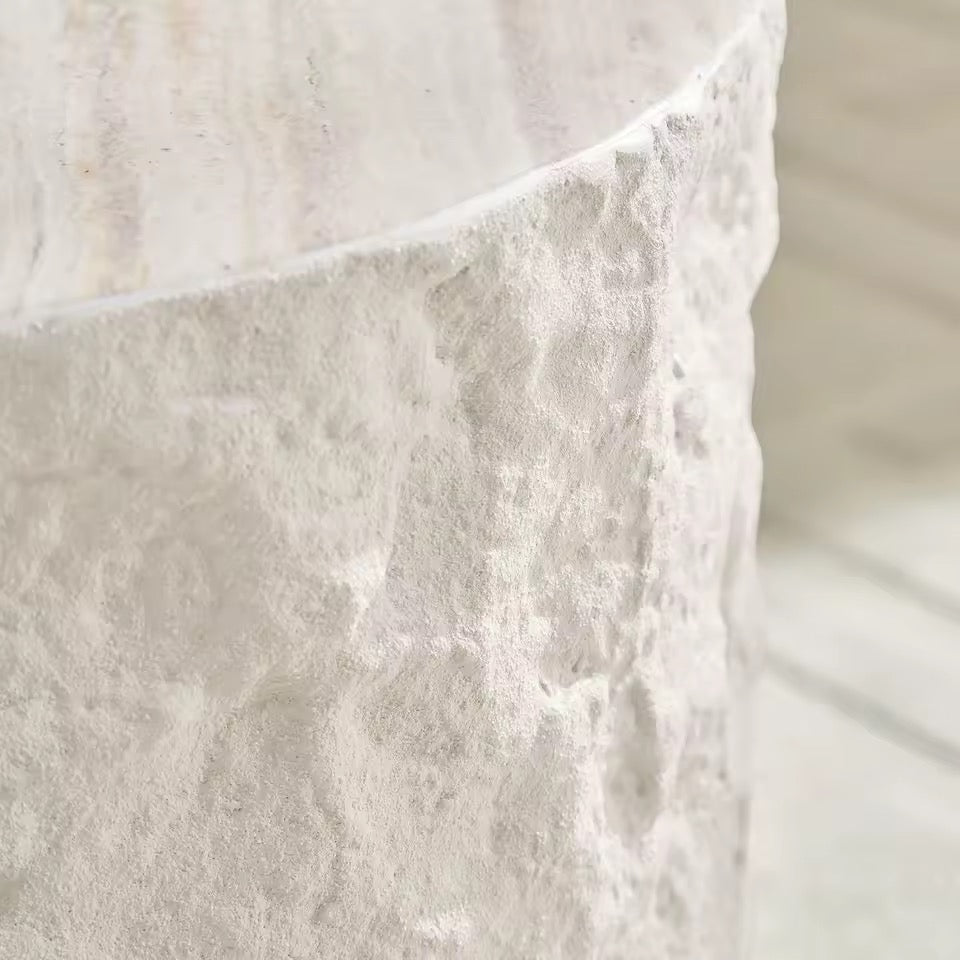 Round Cement Stone Drum Coffee Table, Fiberglass Faux Marble Finish