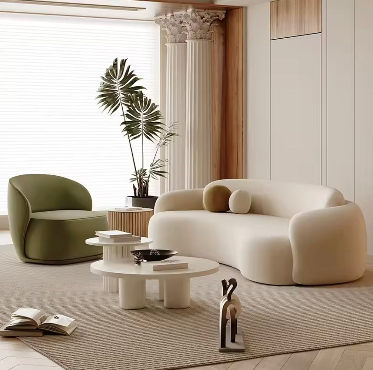 Beige Curved Lounge Sofa with Double Backrest