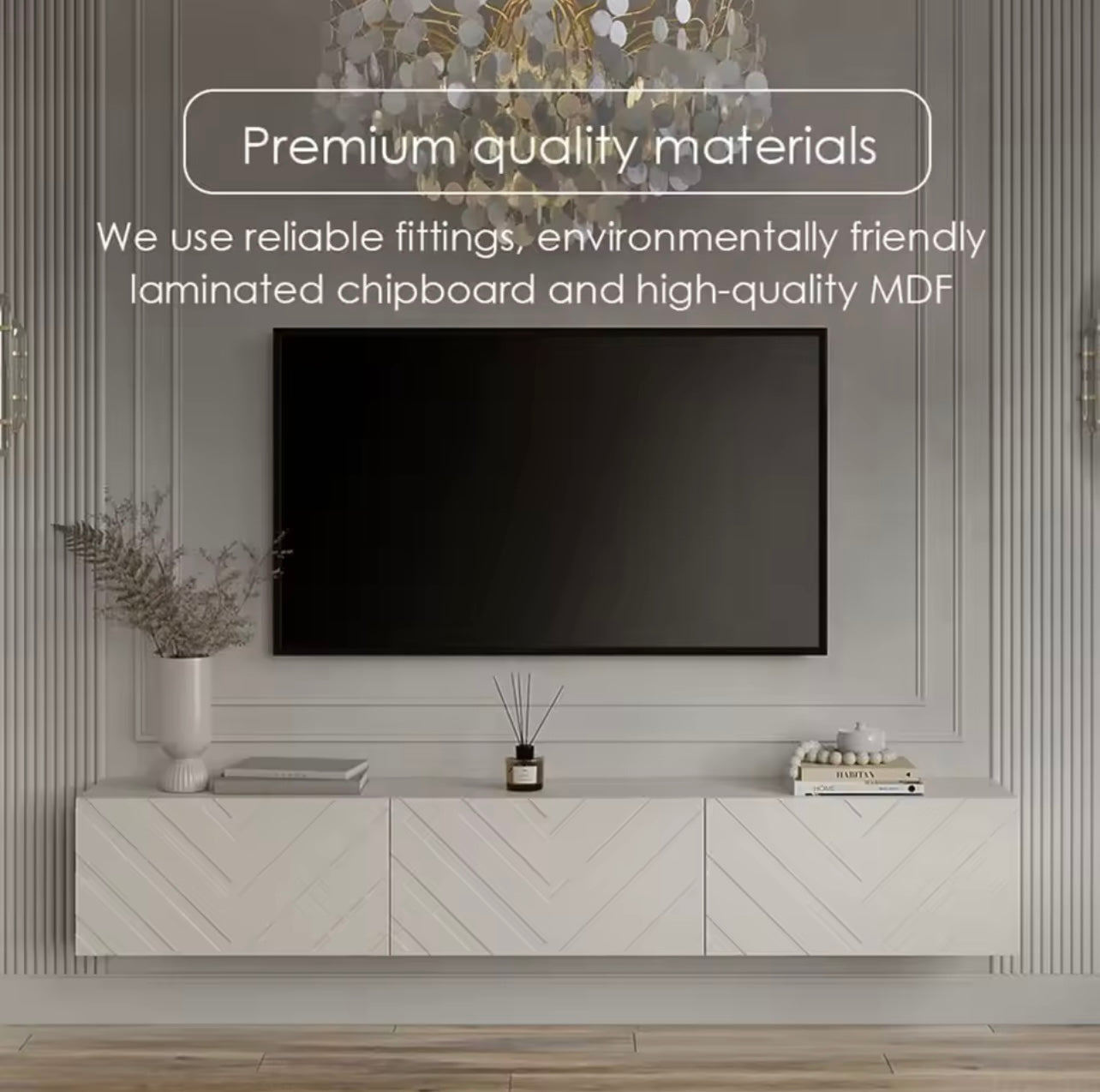 71” Beige Floating TV Console with Push-to-Open Media Cabinet