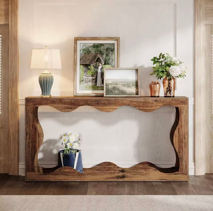 63” Vintage Wavy-Edge Console Table, Entryway Table with Storage