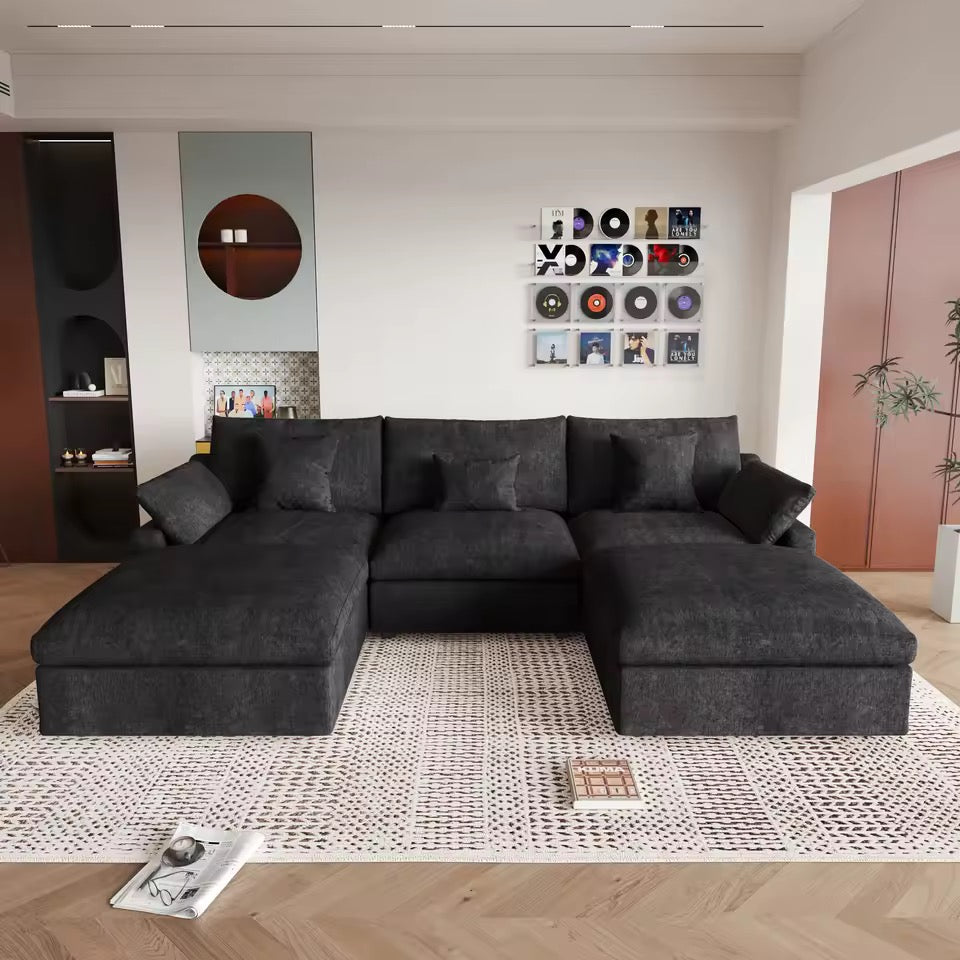 120” L-Shaped White Sectional Sofa, Modular Couch with Ottoman