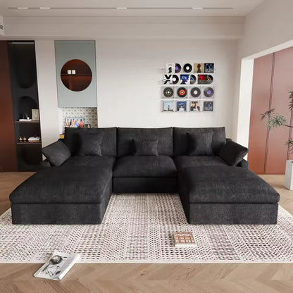 120” L-Shaped White Sectional Sofa, Modular Couch with Ottoman