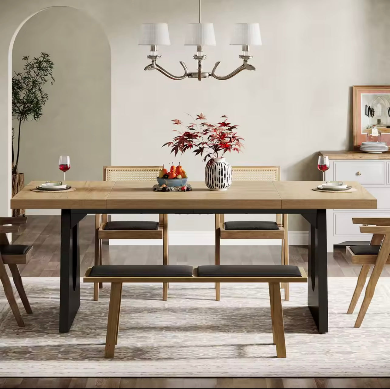 70.9” Oak and Black Large Modern Dining Table for 6-8 People