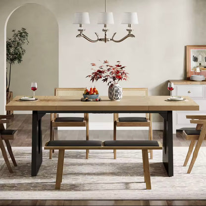 70.9” Oak and Black Large Modern Dining Table for 6-8 People