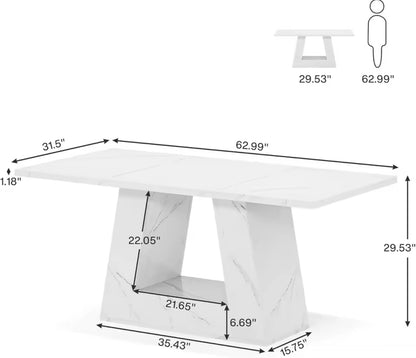 White Marble Rectangular Dining Table for 4-6, Trapezoidal Legs