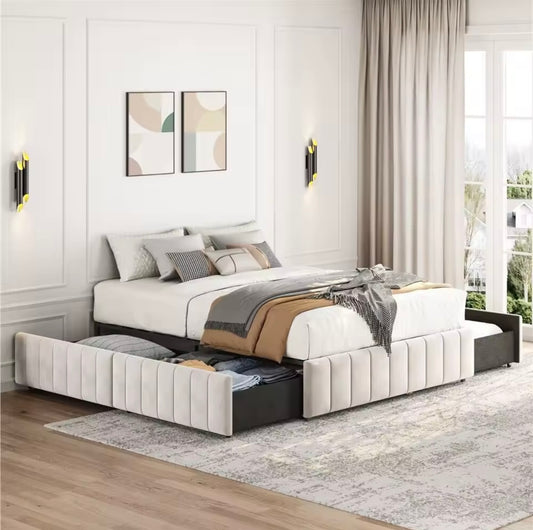 Full XL Upholstered Storage Bed with 4 Underbed Drawers