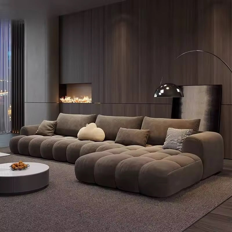 Brown Cloud Upholstered L-Shaped Sofa, Matte Suede Fabric