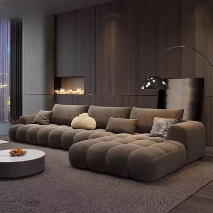 Brown Cloud Upholstered L-Shaped Sofa, Matte Suede Fabric
