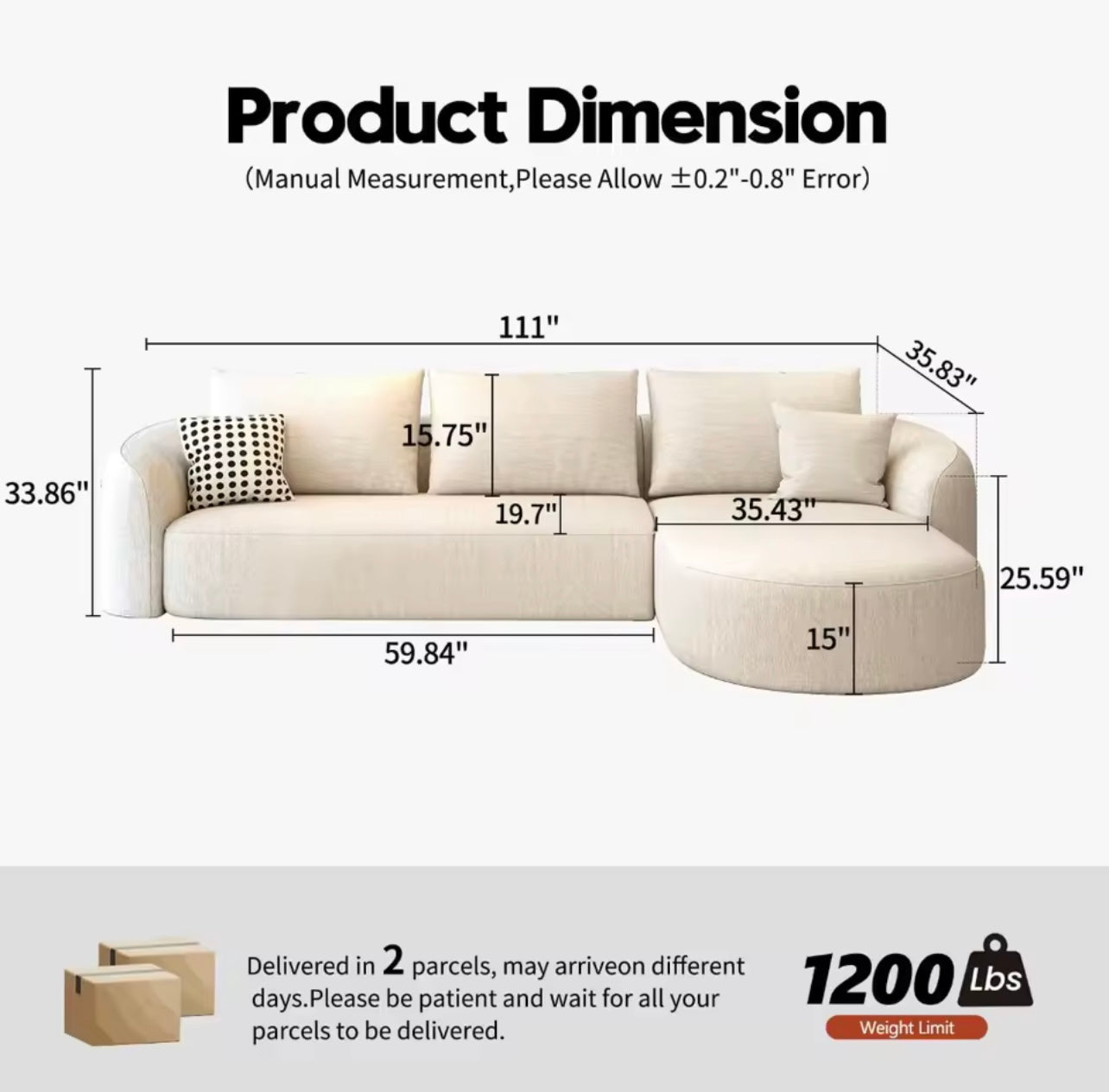 111” L-Shape Modern Modular Curved Sectional Sofa, Cloud Comfort
