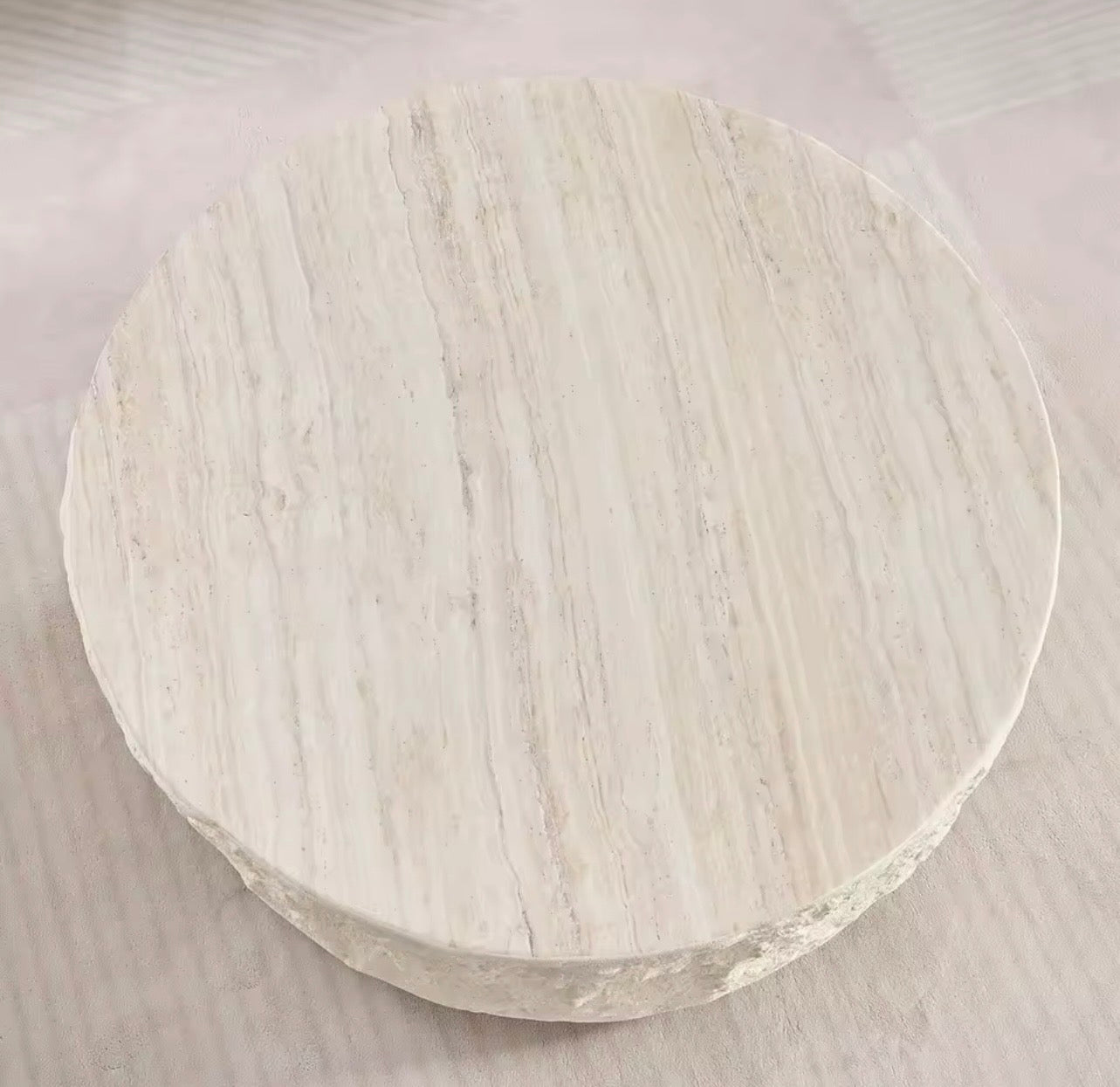 Round Cement Stone Drum Coffee Table, Fiberglass Faux Marble Finish