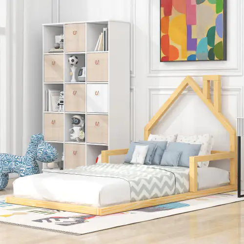 Twin Floor Bed with Wooden House Headboard