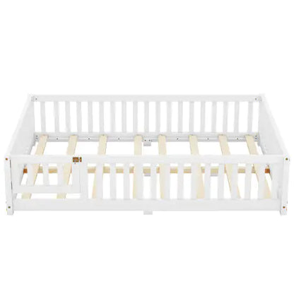 Full Size Bed Floor Bed With Safety Guardrails And Door For Kids, White