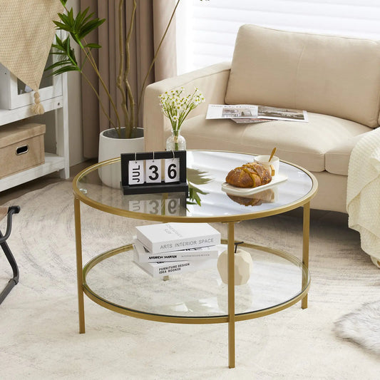 30" Modern Round Glass Coffee Table with Gold Base
