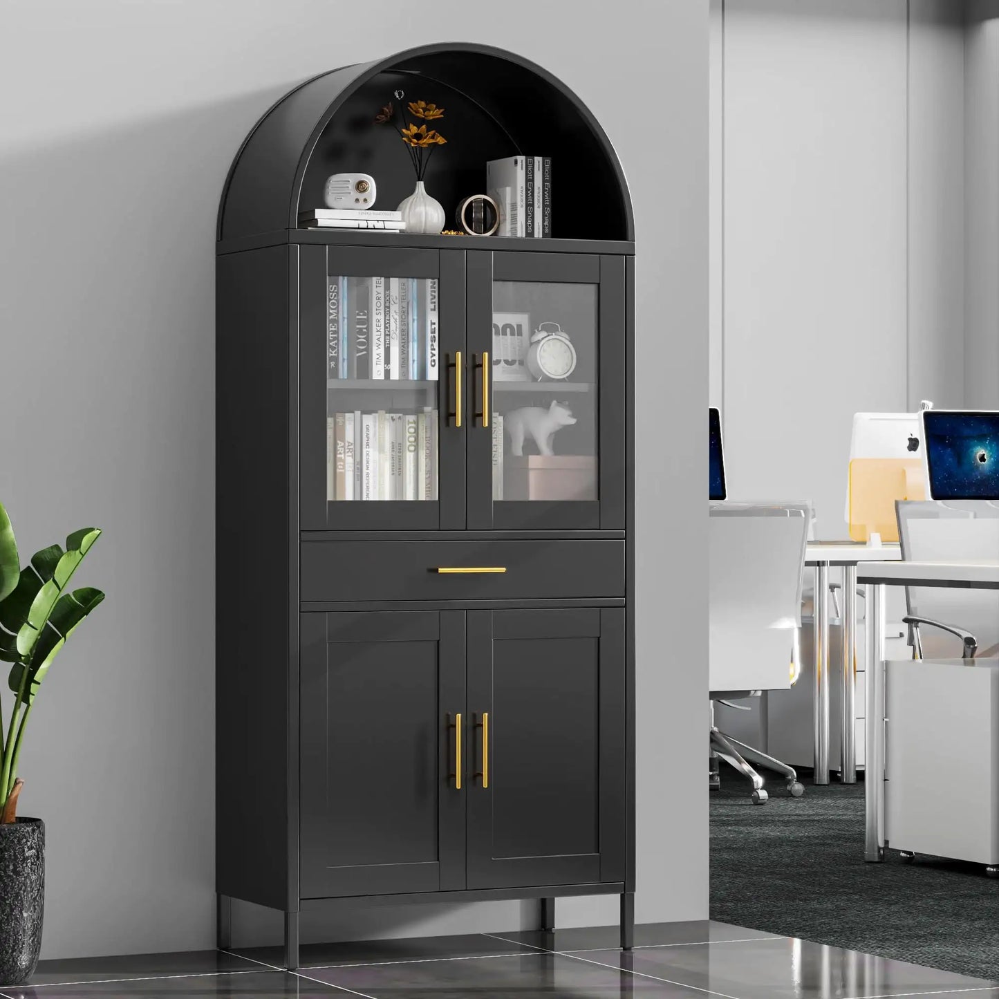 Black Tall Metal Arched Display Cabinet
