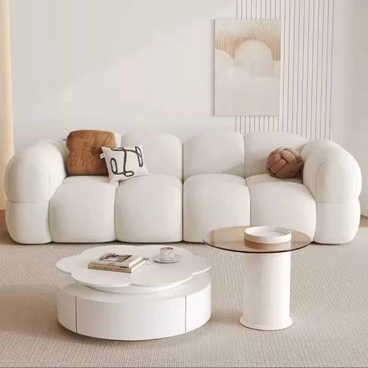 Cream Matte Velvet Loveseat Sofa for Small Living Rooms