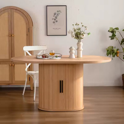 Modern Oval Wooden Dining Table with 2-Layer Storage Shelf