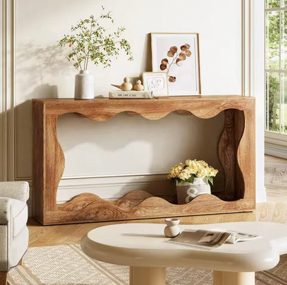 63” Vintage Wavy-Edge Console Table, Entryway Table with Storage