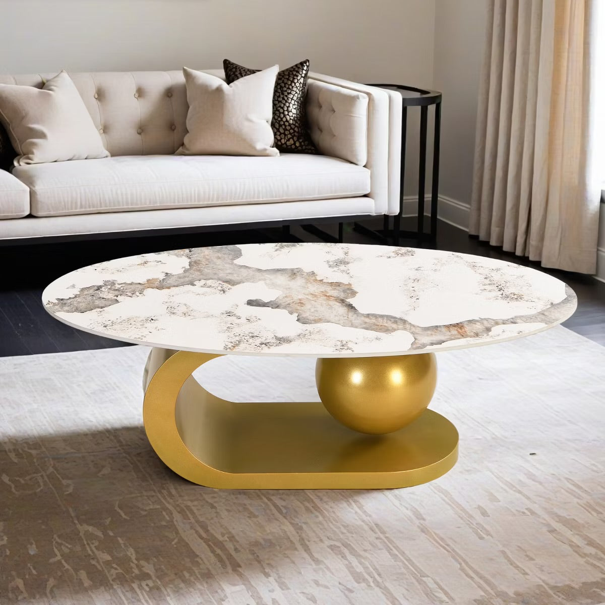 47.2" Marble Oval Coffee Table, Modern White and Gold Coffee Table