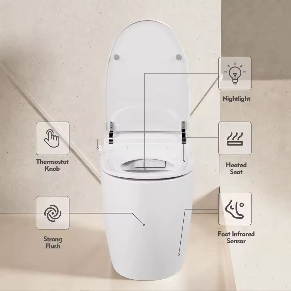Heated Seat Smart Toilet, Tankless Design with Automatic & Foot-Sensor Flush, Night Light