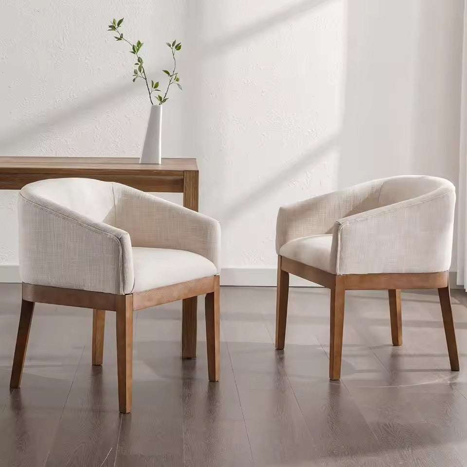 Beige Mid-Century Linen Upholstered Dining Chairs with Curved Backrest