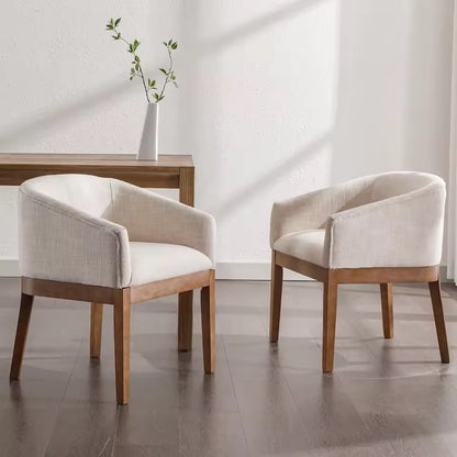 Beige Mid-Century Linen Upholstered Dining Chairs with Curved Backrest
