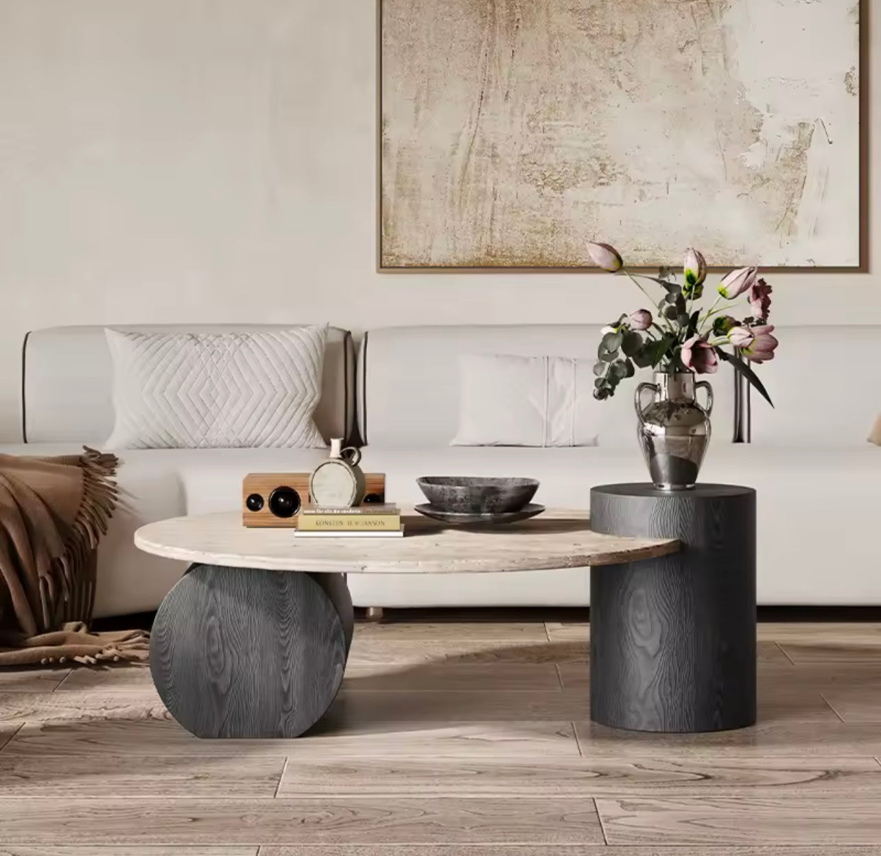 Solid Wood & Travertine Rounded Coffee Table