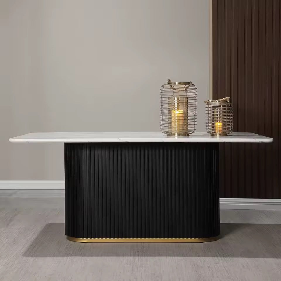 70” White Faux Marble Dining Table with Black Fluted Base, Seats 6–8