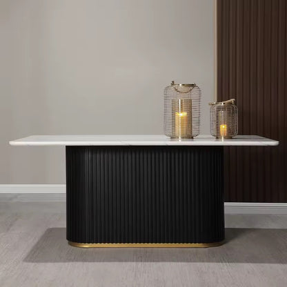 70” White Faux Marble Dining Table with Black Fluted Base, Seats 6–8