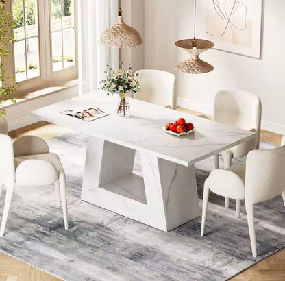 White Marble Rectangular Dining Table for 4-6, Trapezoidal Legs