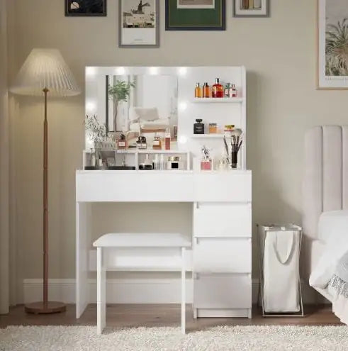 Vanity Table with Mirror & Stool, White Makeup Vanity with Lights