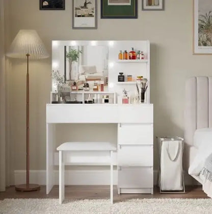 Vanity Table with Mirror & Stool, White Makeup Vanity with Lights