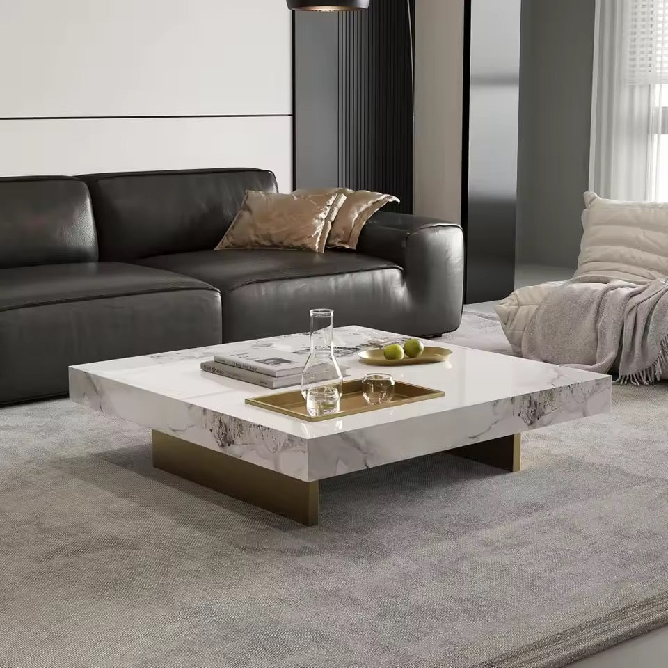42” Square Marble Coffee Table with Gold Stainless Steel Base, White