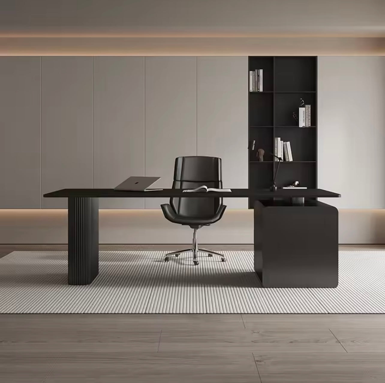 Black Executive Office Desk with Drawers, Rock Slab Top