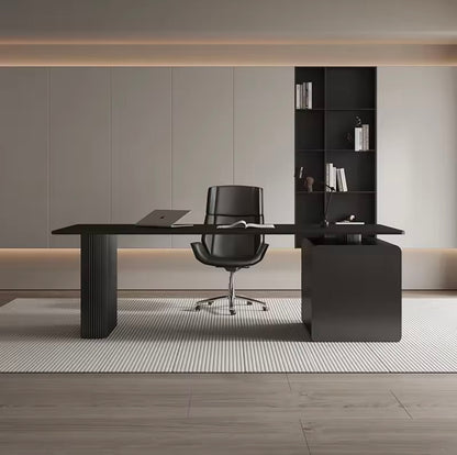 Black Executive Office Desk with Drawers, Rock Slab Top