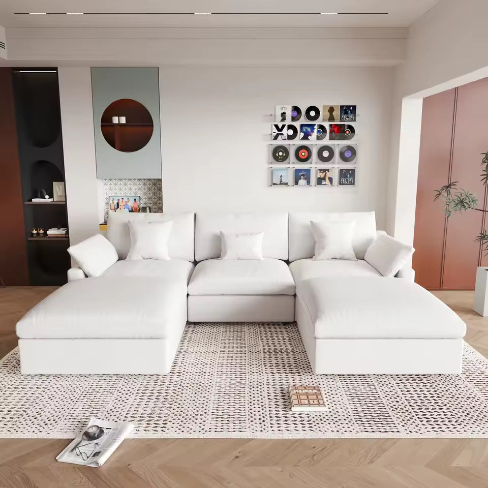 120” L-Shaped White Sectional Sofa, Modular Couch with Ottoman