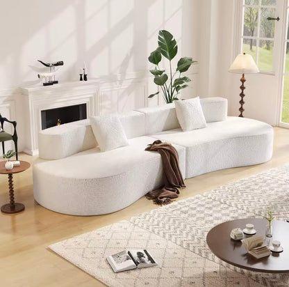 White Curved Sofa, 4 Seater Chenille Boucle Couch with Throw Pillows