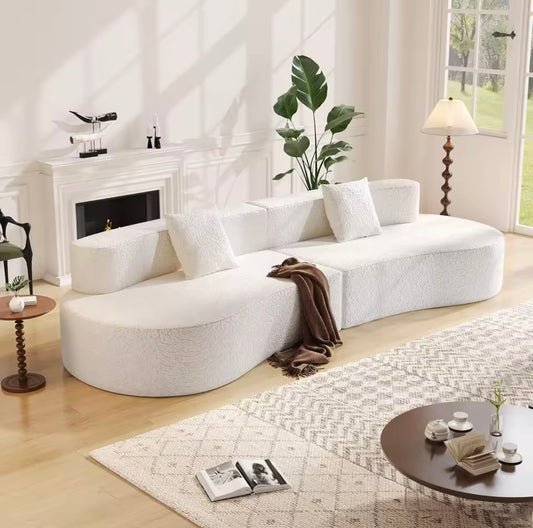 White Curved Sofa, 4 Seater Chenille Boucle Couch with Throw Pillows