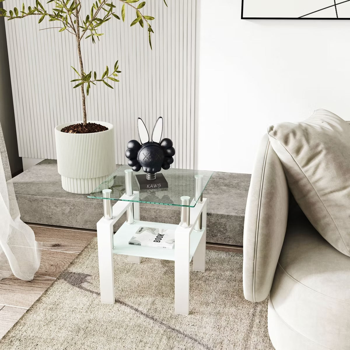 White Tempered Glass Square End Table