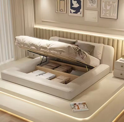 Cream Wabi-Sabi Minimalist Linen Double Bed with Solid Wood Frame