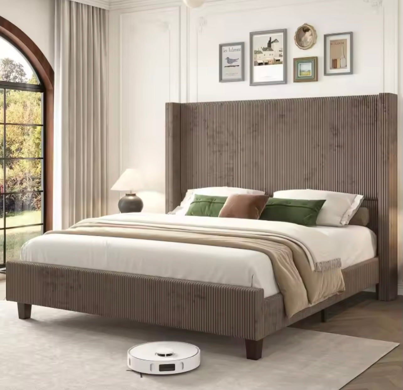 King Size Corduroy Upholstered Bed with Vertical Wingback Headboard