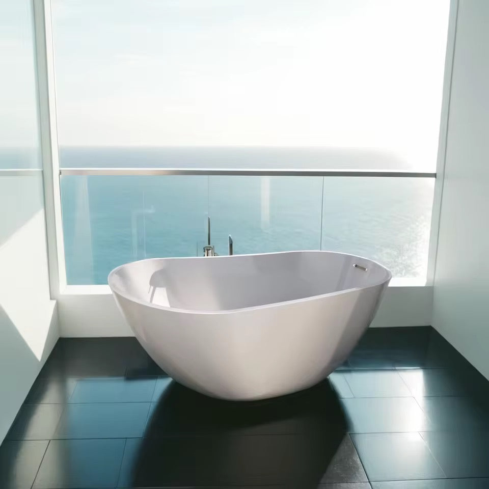 Modern White Freestanding Soaking Tub, 59” Glossy Acrylic Spa Bath