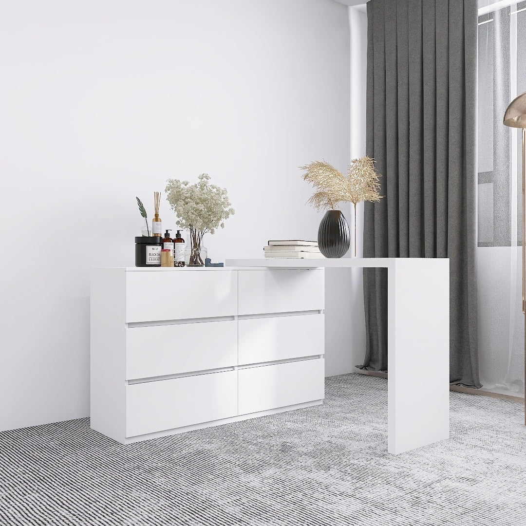 White 6-Drawer Dressing Table with Extended Top