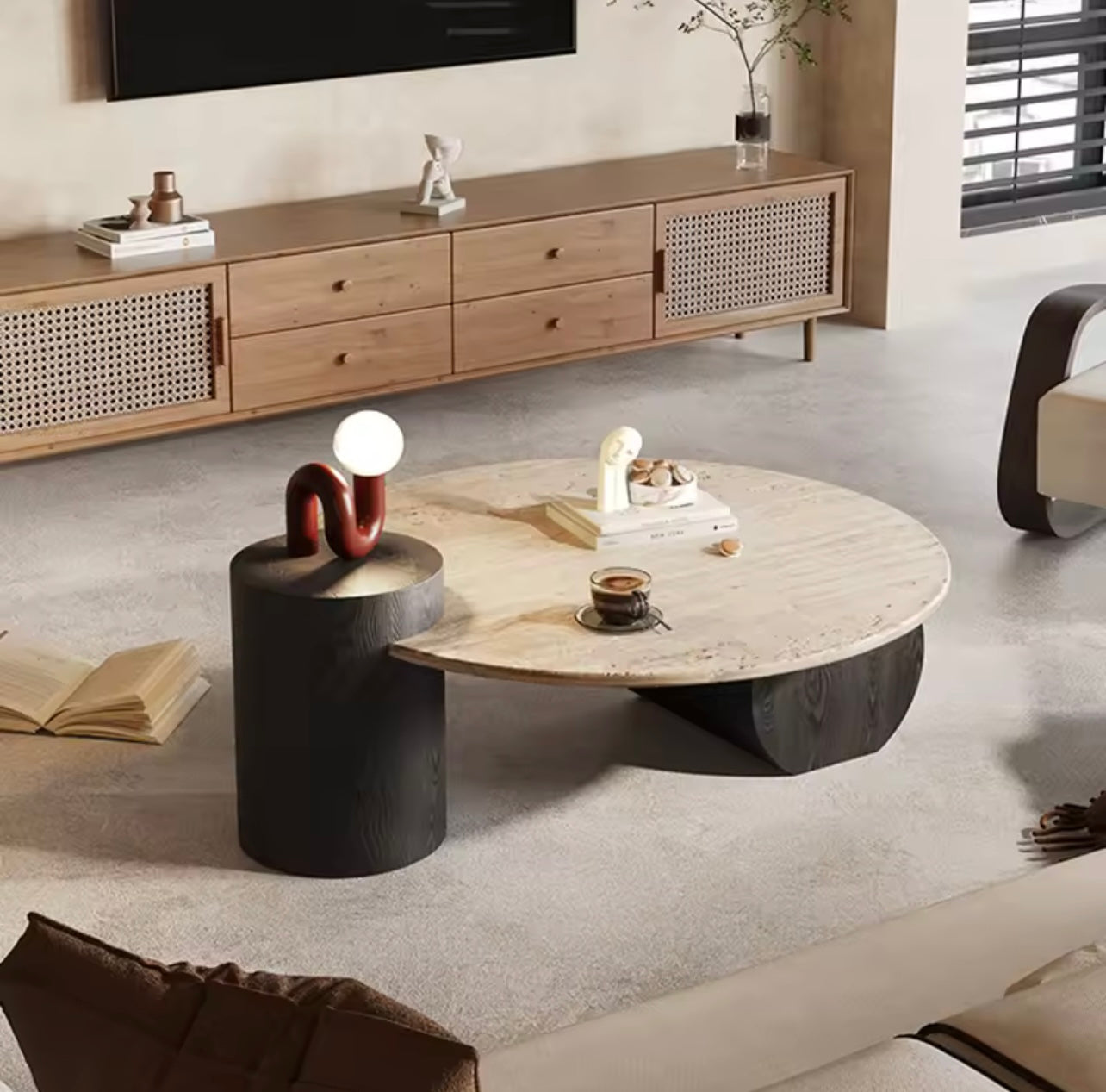 Solid Wood & Travertine Rounded Coffee Table