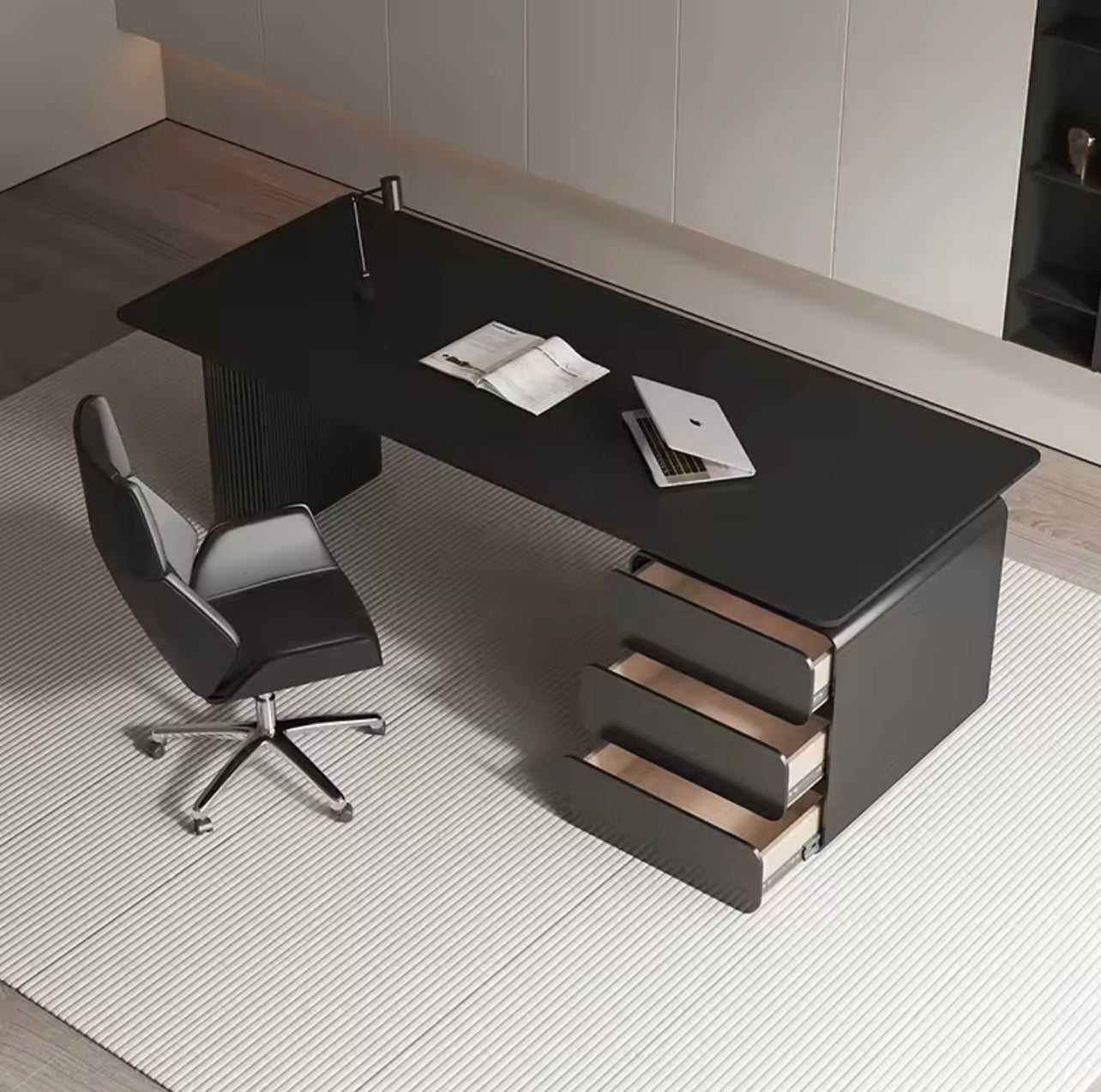 Black Executive Office Desk with Drawers, Rock Slab Top